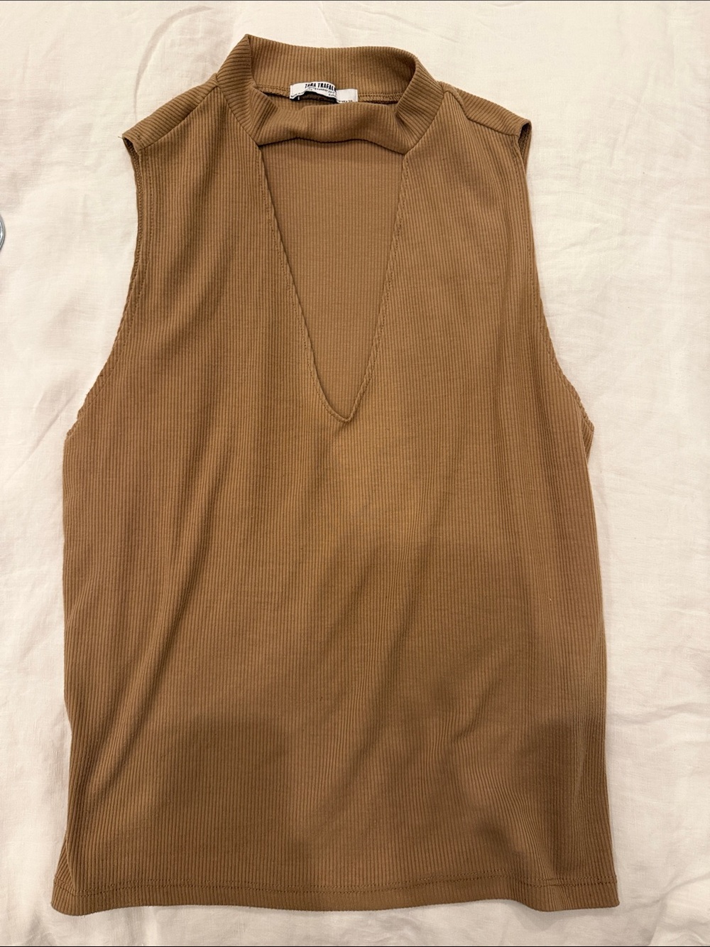 Zara Ribbed V-Neck Sleeveless Tank — Brown